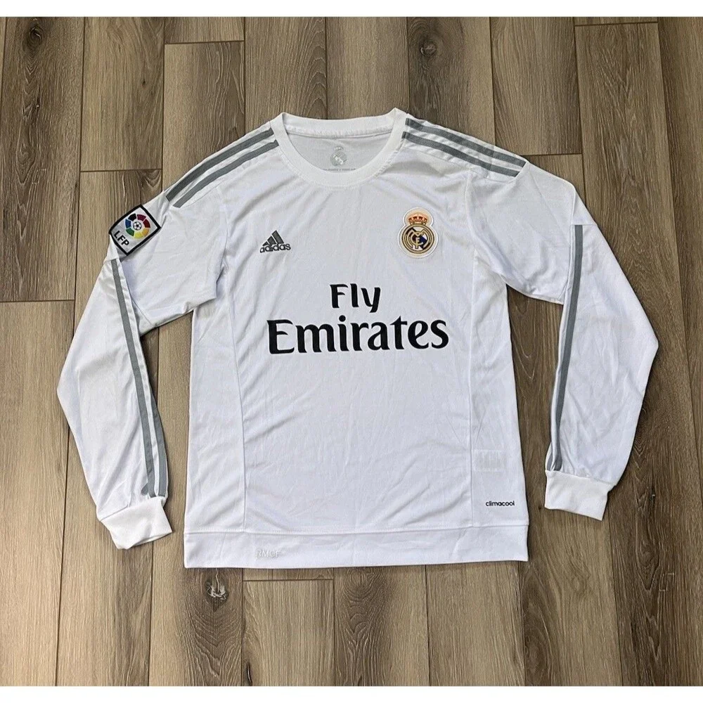 Real Madrid Home White Long Sleeve Jersey Adidas Performance Mens Sz Medium NWT
